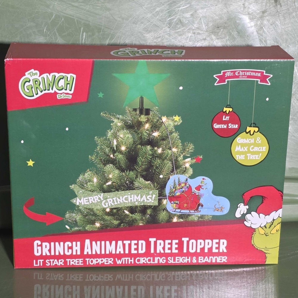 Mr Christmas The Grinch Animated Tree Topper LED Star Circling Sleigh Banner NEW